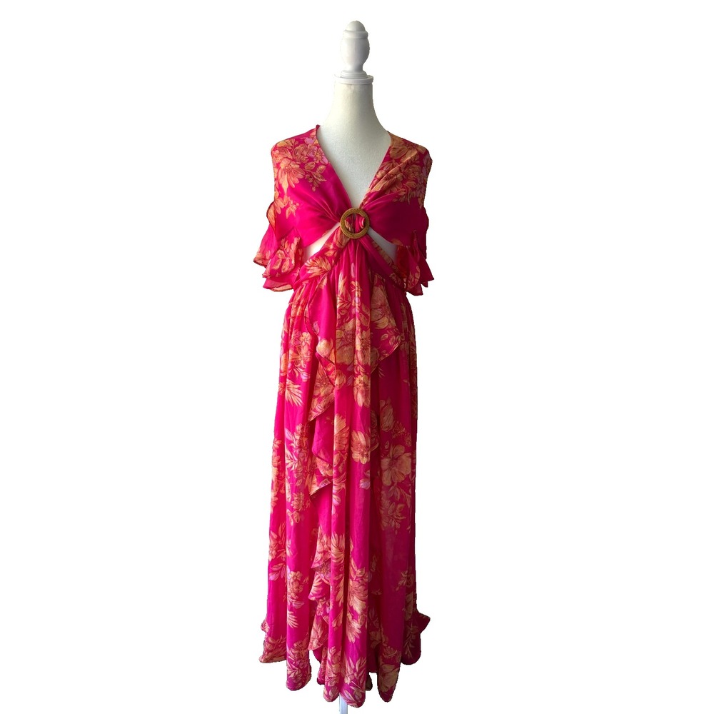 Dress Forum Pink Floral Cutout Open Back Maxi Dress Ruffle Sleeve‎ Ring Detail L
